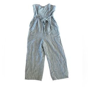 Women’s White Gray Striped Strapless Striped Belted Jumpsuit Medium
